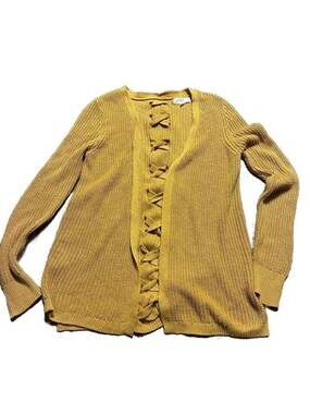Pinque Mustard Yellow Open Front Chunky Knit Cardigan with Lace-Up Back Detail